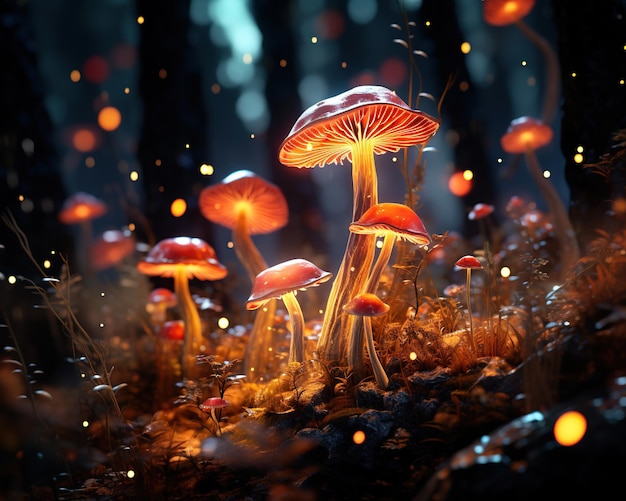 Photo magic forest with glowing mushrooms fantasy world