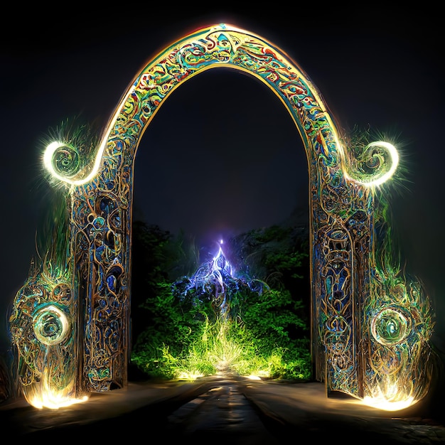 Magic gate a portal to another world a glowing magic gate 3d illustration