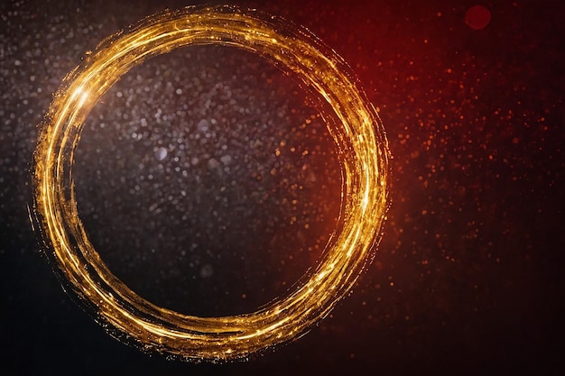 Magic gold circle Glowing fire ring trace Glitter sparkle swirl trail effect on black background