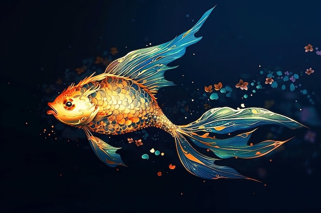 Magic goldfish isolated on dark sea blue background Generative AI illustration