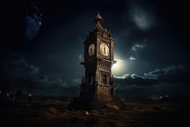 Magic hour in sleepy town clock tower marks midnight under starry sky generative IA