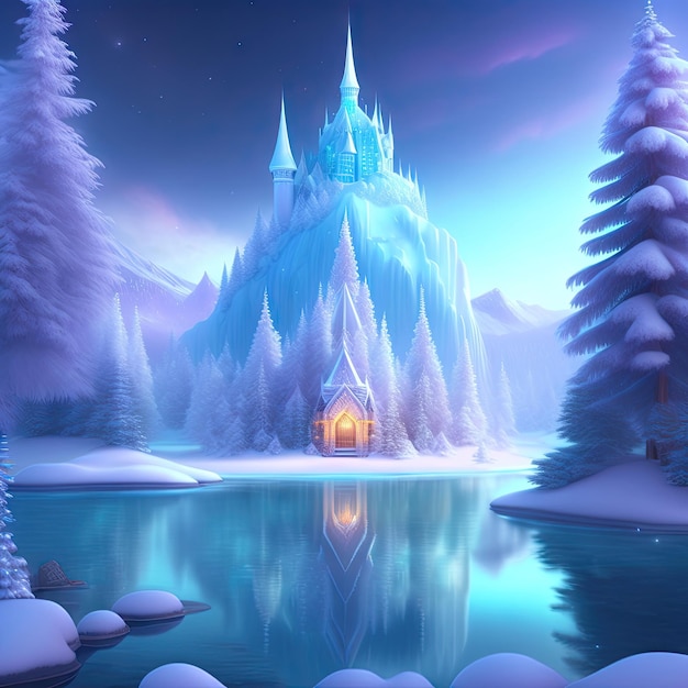 Magic Ice Castle with snow Fantasy snowy landscape Winter castle on the mountain winter forest