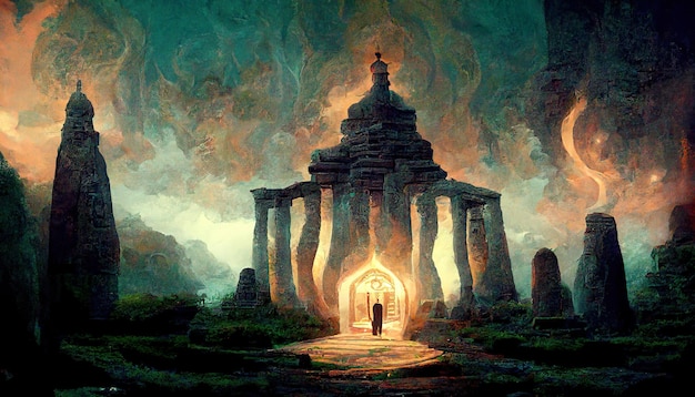 Magic light temple on a dark fantasy background concept art illustration