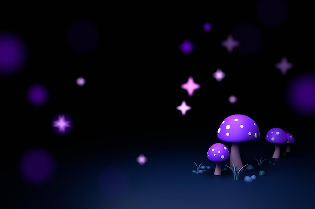 Magic mushroom field background rendered scene with mysterious 3d mushrooms in the dark