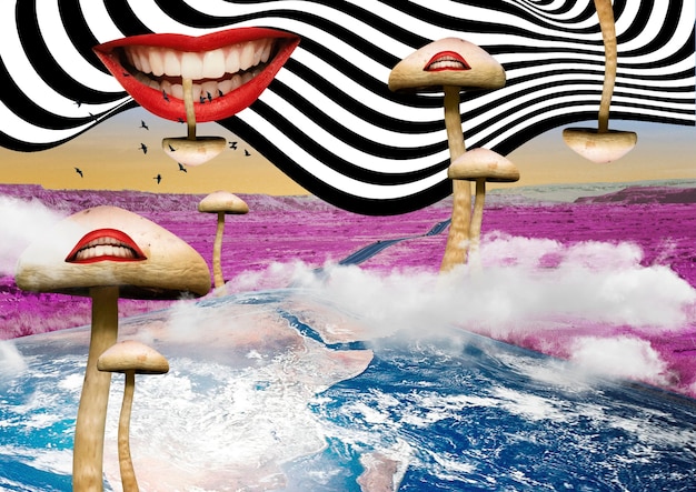 Photo magic mushrooms collage concept