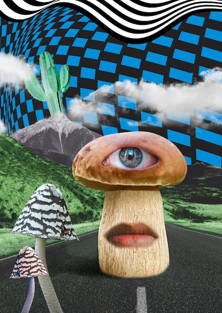 Photo magic mushrooms collage concept