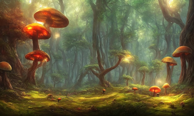 Magic mushrooms fly agaric in the forest a fabulous thicket of the forest Glowing mushrooms fantasy moss 3d illustration