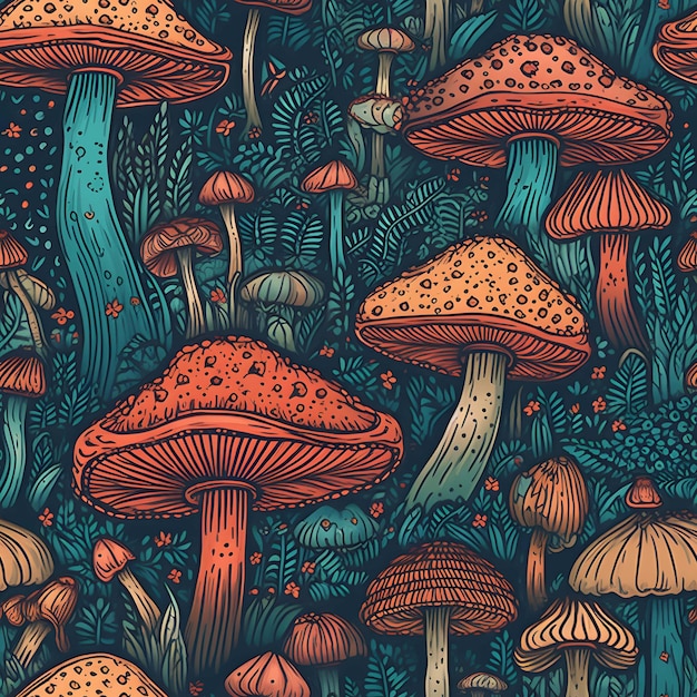 Magic Mushrooms seamless tile Generative AI