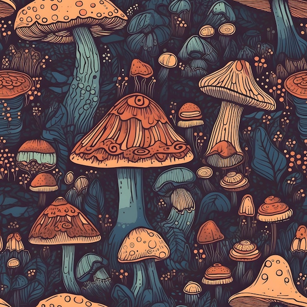 Magic Mushrooms seamless tile Generative AI