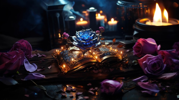 Magic mysterious story concept with glowing open book and blue flower