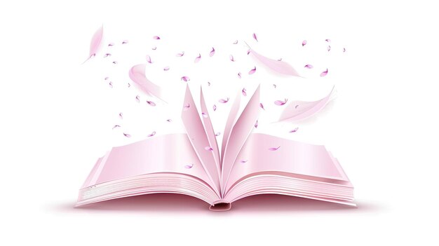 Magic pink feathers float out of an open book