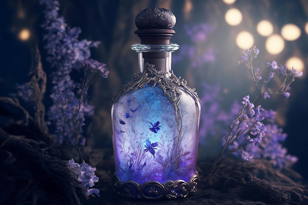 Magic potion in a beautiful decorated vial in magic forest