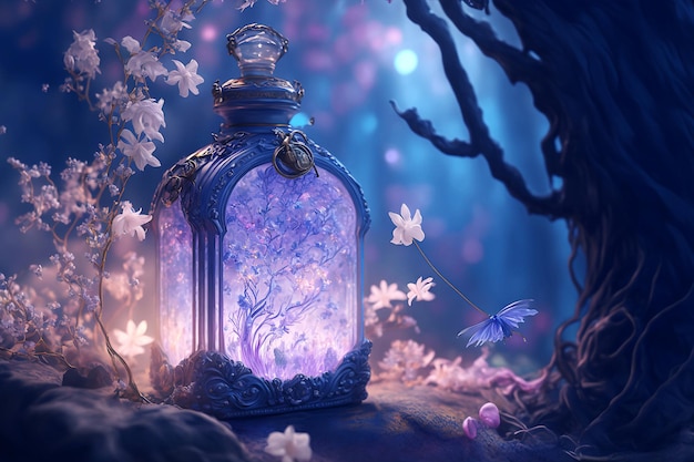 Magic potion in a beautiful decorated vial in magic forest