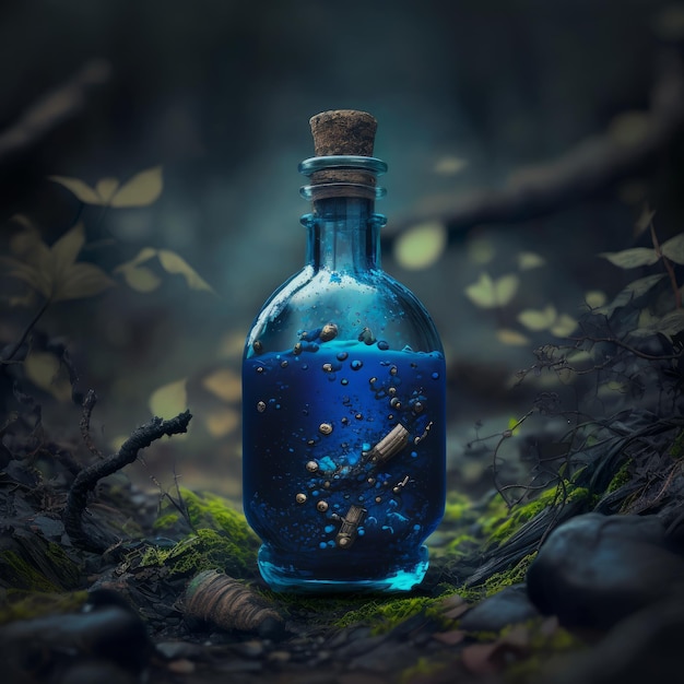 Magic potion in a glass bottle in the forest Halloween background Generative AI