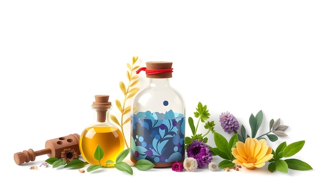 Magic potion or herbal medicine concept background isolated with white highlights