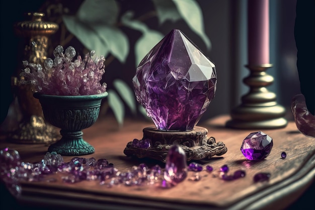 Magic purple gemstones for esoteric spiritual practice Healing Crystal Ritual Witchcraft future predictions Generative AI illustration