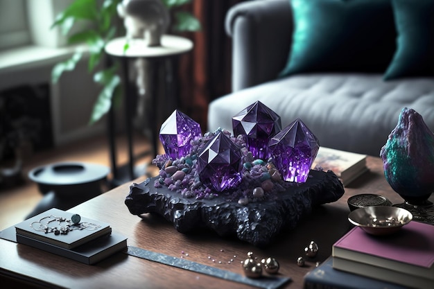 Magic purple gemstones for esoteric spiritual practice Healing Crystal Ritual Witchcraft future predictions Generative AI illustration