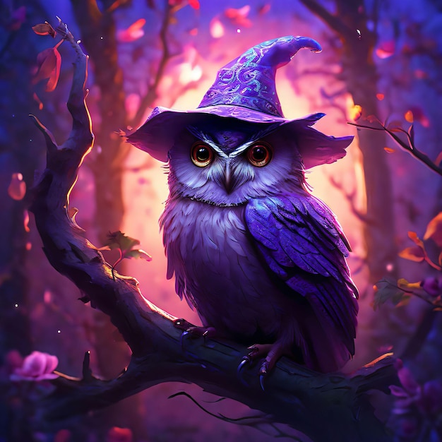 Magic purple owl adorned with a whimsical magicians hat