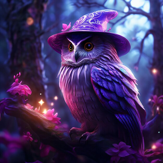 Magic purple owl adorned with a whimsical magicians hat