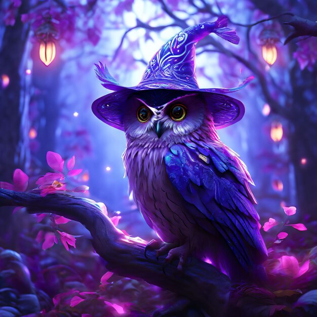 Magic purple owl adorned with a whimsical magicians hat