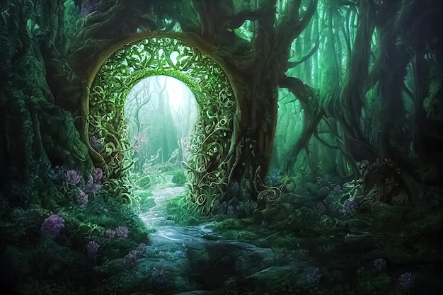 Magic teleport portal in mystic fairy tale forest Gate to parallel fantasy surreal world