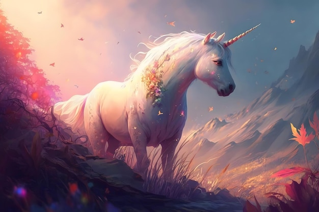 Magic unicorn in fantastic world with fluffy clouds and fairy meadows Neural network generated art