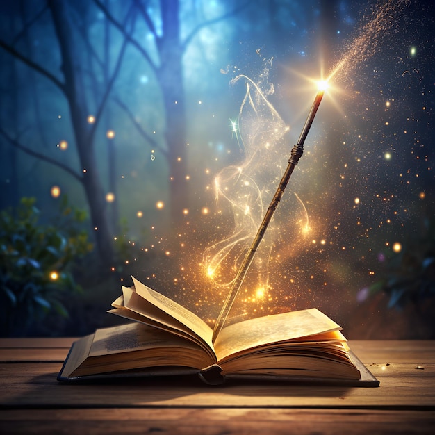 a magic wand is on a book with a magic wand