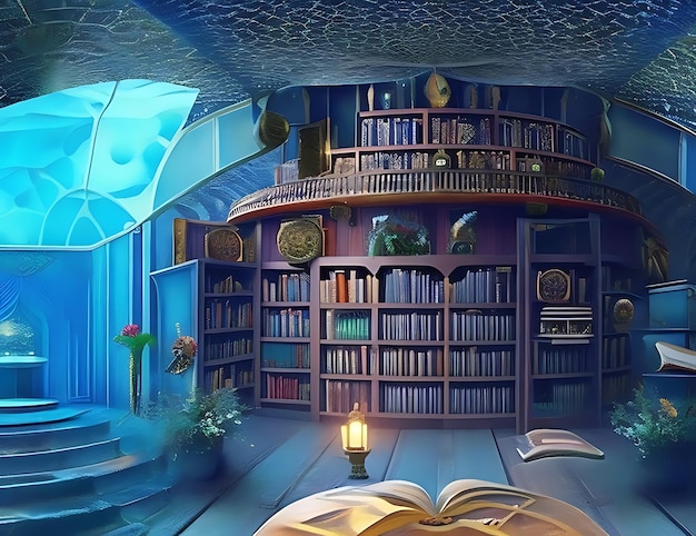 A magical 3D library filled with floating books and mystical artifacts