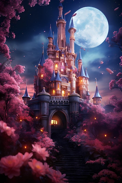 magical ancient castle with pink flowers in night time full moon