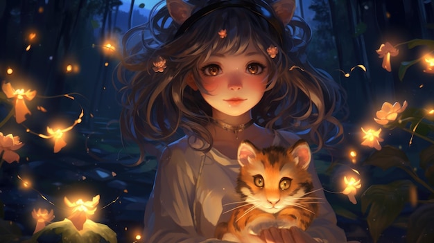 Magical anime catgirl with pointy ears surrounded by glowing fireflies