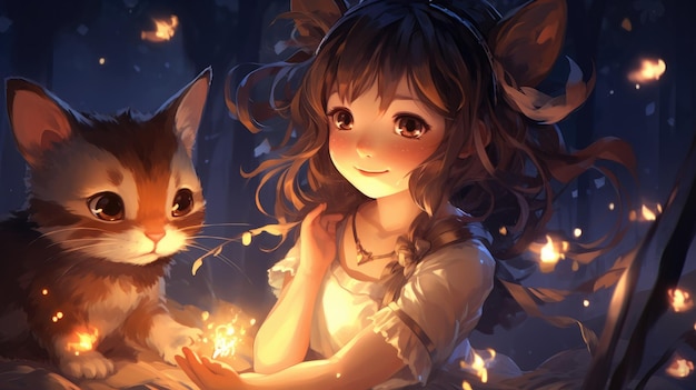 Magical anime catgirl with pointy ears surrounded by glowing fireflies