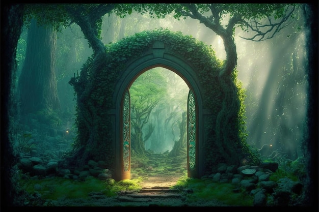 Magical arch portal made with tree branches Door to fantasy dimension Digital illustration AI