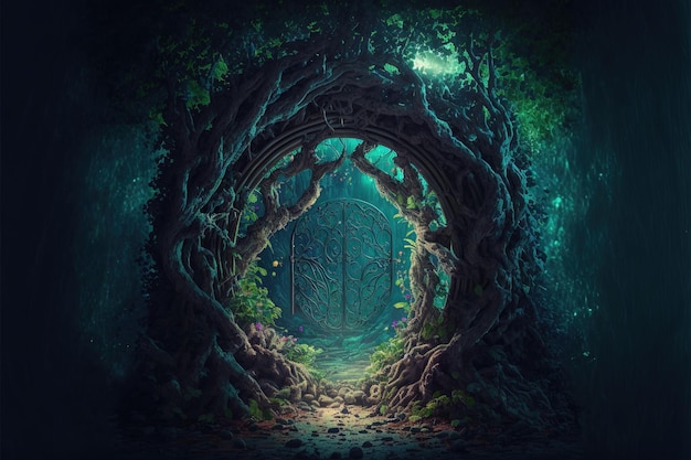 Magical arch portal made with tree branches Door to fantasy dimension Digital illustration AI