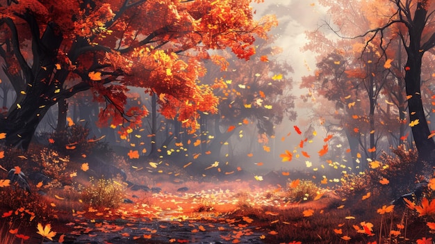 Magical Autumn Forest with Falling Leaves A Serene Nature Scene