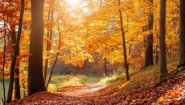 Magical autumn forest with sunlit golden leaves creating a trail through the trees