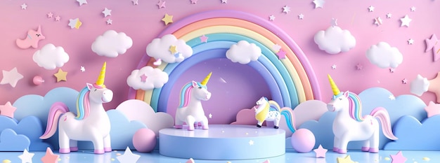 Magical backdrop with unicorns and rainbows complemented by a 3D stage pedestal with a kids theme