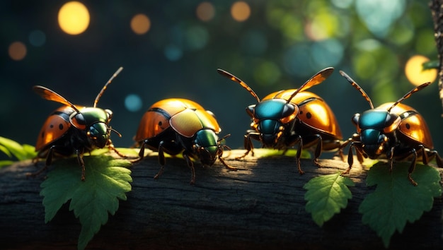 Magical beetles with glowing bodies on a dark background