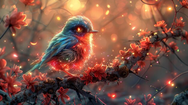 Magical bird on branch with flowers generative ai