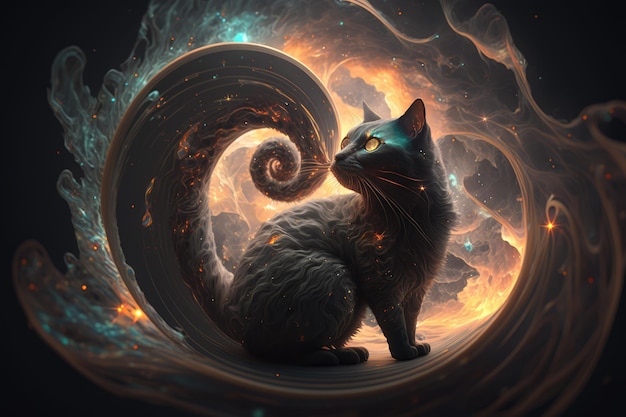 Magical black cat with galaxies spirals space nebulae stars smoke graphic