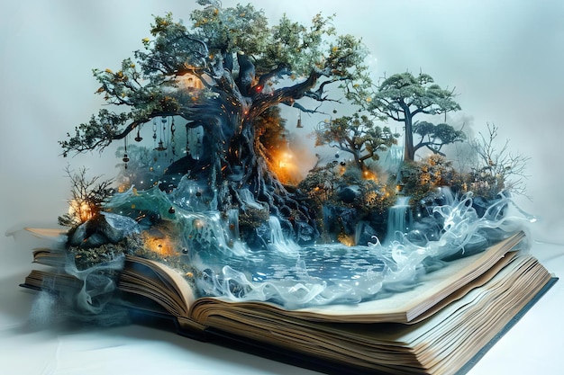 Magical book fantasy scenes unfolding clear background