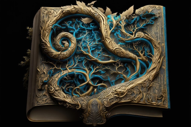 A magical book with a twisted spine and gnarled edges appearing ancient and powerful