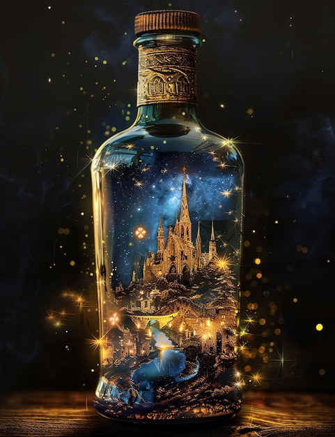 magical bottle with double exposure medival page Junk Journal