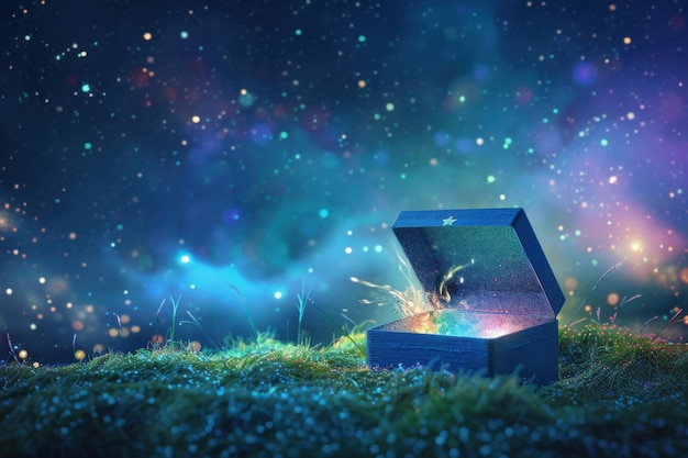 Photo magical box in an enchanted forest a mystical scene with glowing light and sparkling particles