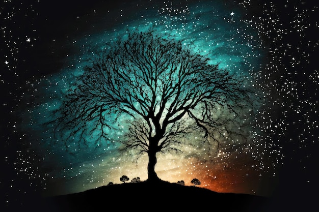 Magical branchy tree illuminated by bright light in starfall night