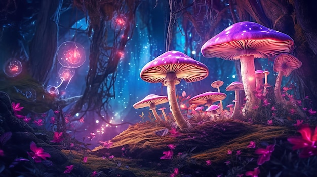 Magical Butterflies and Mushrooms in a Fairy Tale Enchanting dreamlike elven woodland with fantastical pink flowering flowers against a shadowy nighttime sky GENERATE AI