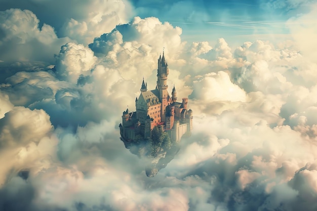 Photo a magical castle floating among fluffy clouds evoking a sense of wonder and fantasy in a serene blue sky