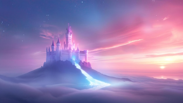 Magical castle on a mountaintop with a glowing path leading to it surrounded by clouds at sunset