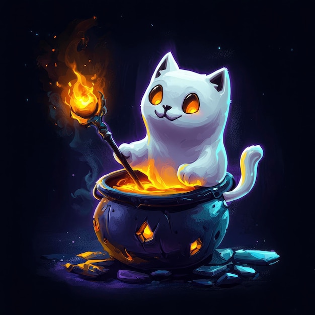 Photo magical cat brewing potion in cauldron