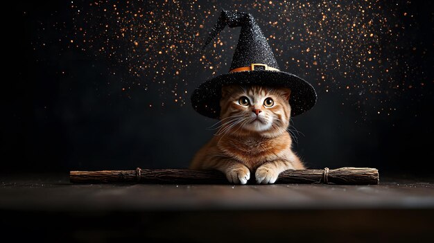 Photo a magical cat in a witch39s hat ready for halloween adventures and enchantment under stars