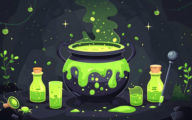 Photo a magical cauldron bubbling with bright green potion surrounded by glass bottles in a mystical dark